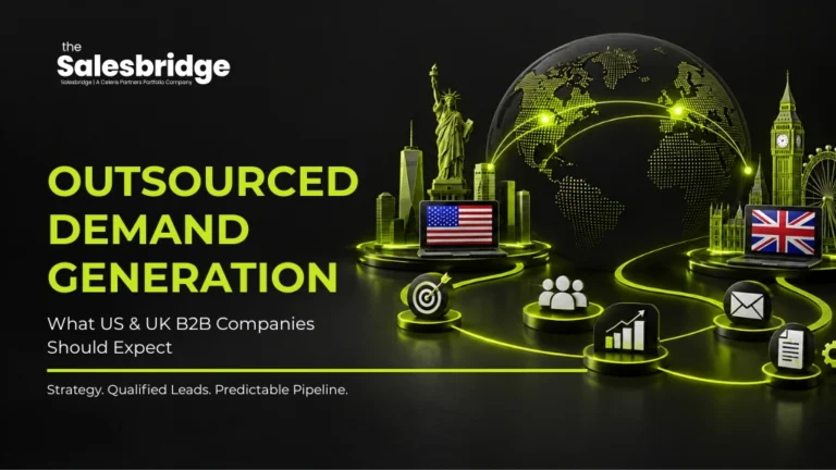 Outsourced demand generation for US and UK B2B companies, showing global business connections and marketing campaign workflows.